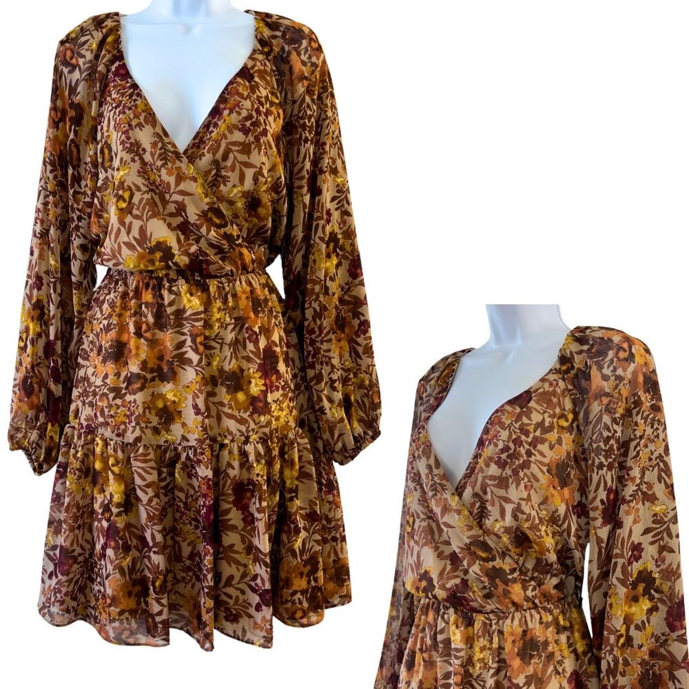 Guess Brown Tan Long Sleeve Tiered Floral Mini Dress Womens 6 Warm Jewel Tones